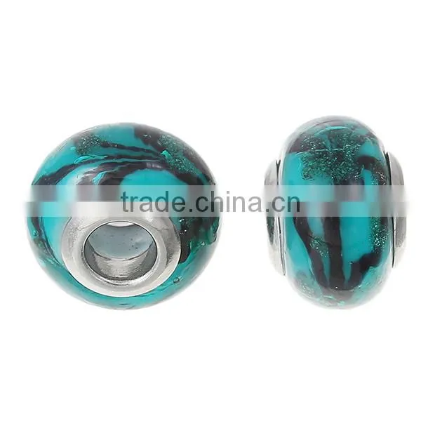 Lampwork Glass European Style Large Hole Beads Round Pattern Dark Green & Dark With 304 Stainless Steel Silver Tone Core photo-2