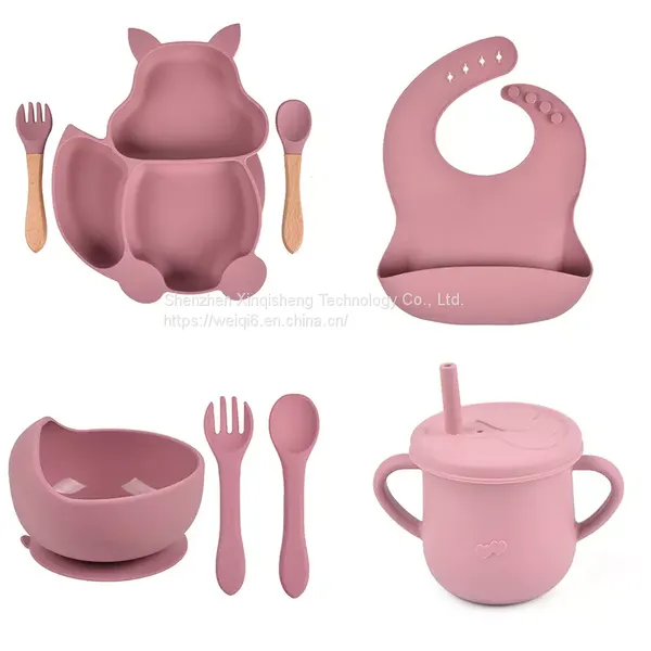 8pcs Food Grade Silicone Baby Feeding Set Baby Plate Bowl Wooden Silicone Spoon Fork Sets photo-3