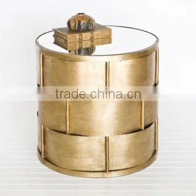gold metal - glass coffee table in round shape with antique finish, gold coffee table manufacture