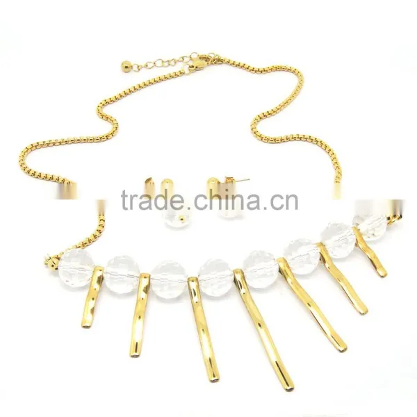 Stainless Steel Gold Tone Bar Tassel Crystal Jewelry Set Necklace photo-2