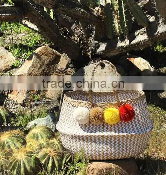 Pompom Beach Bag/Pompom Bag, White Zigzag Belly Basket With Pompom photo-2