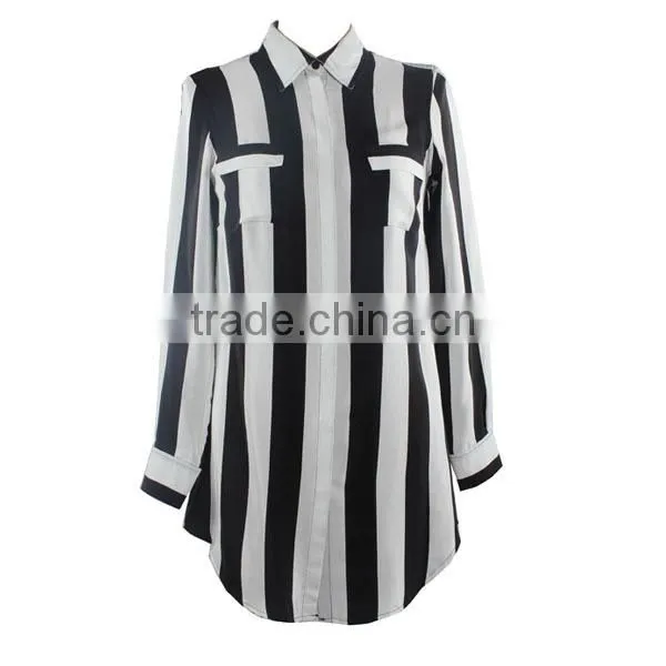 Women's Fashionable Direct Manufacturer Long Sleeves Office Striped Blouse White Black photo-4
