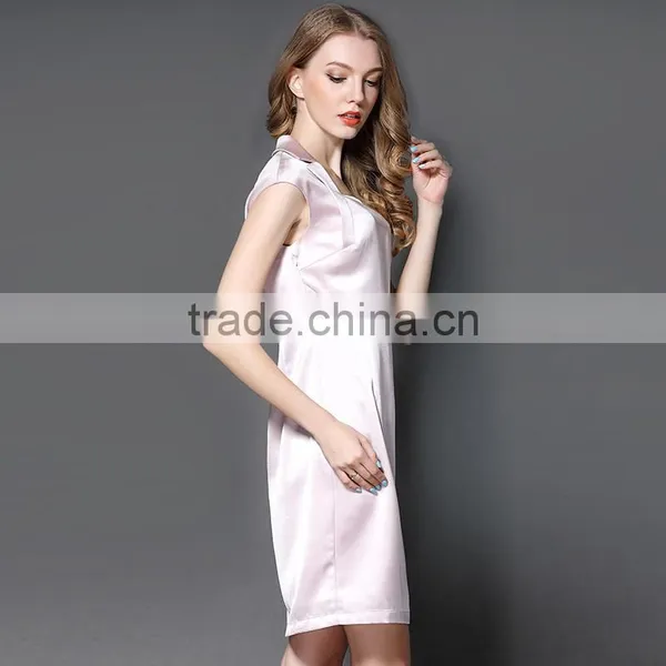 Maxnegio Notch Lapel Pink Color Cap Sleeve Office Dress photo-3