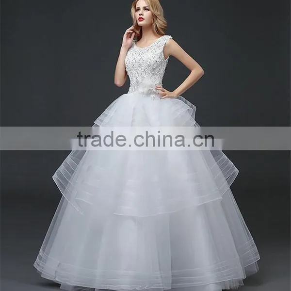 Cream Sleeveless A-line Tiered Wedding Dress Beaded Corchet Cut Out Back Crisscross Bride Grown photo-4