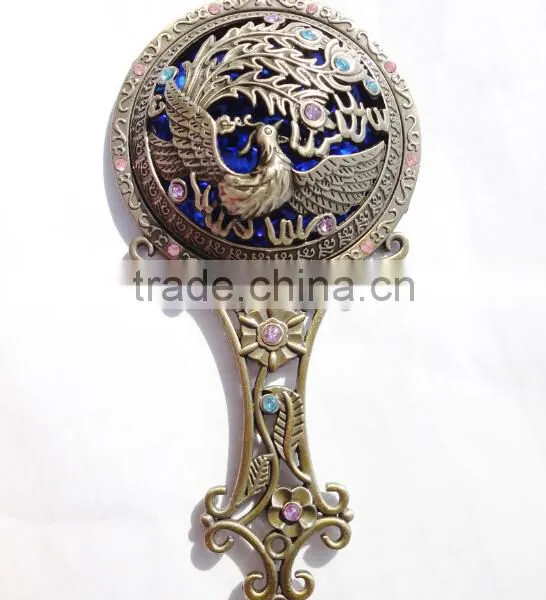 Antique Imitation Cosmetic Metal Pocket Mirror With Hair Comb,Handle Mirror/Hand Held Makeup Mirror/Round Fashion Mirror photo-3