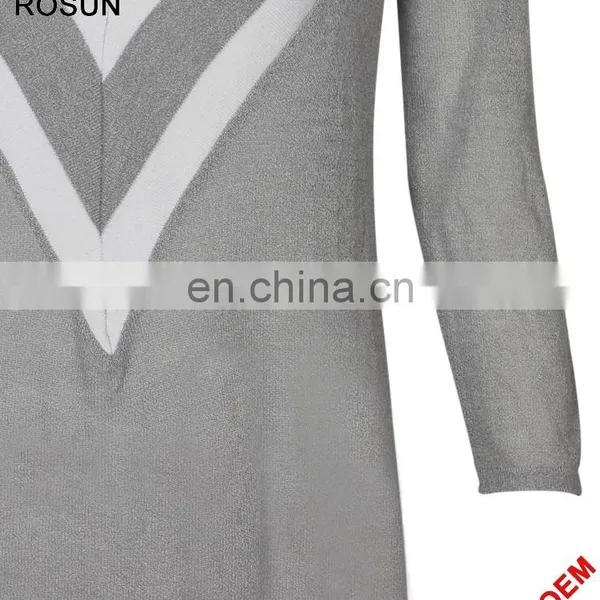 Ladies V-neckline Uniform Pattern Long Knit Dress in Gery photo-4