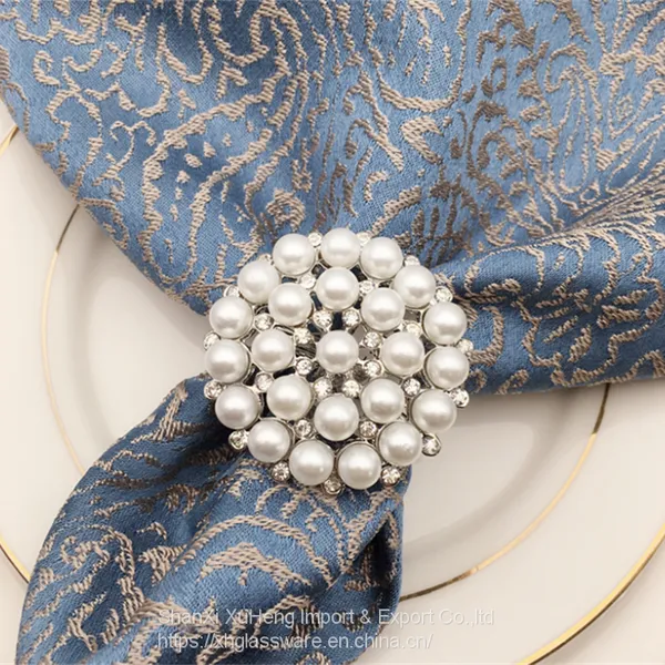 Factory Custom Rhinestone Gold Silver Napkin Ring With White Pearl Decoration photo-4