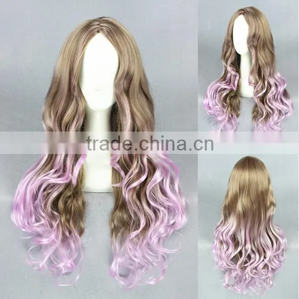 High Quality Wholesale 80CM Long Wave Purple Brown Lolita Style Synthetic Hair Cosplay Party Women Wig
