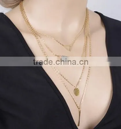 Fashion Gold Circle Paillette Crystal Bead Pendant Multi Chain Necklace Jewelry photo-4