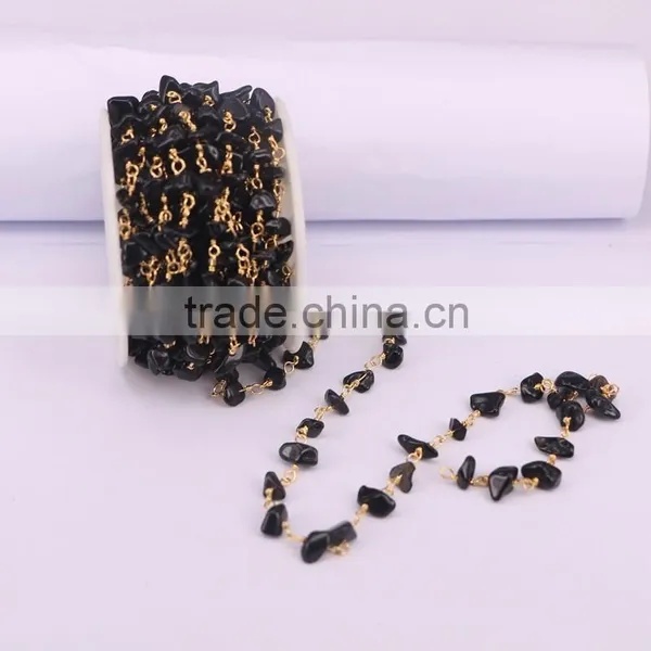 Black Stone Chip Beads Chain, Golden Plated Brass Wire Wrapped Rosary Style Chains Necklace Jewelry Findings Rosary Chain