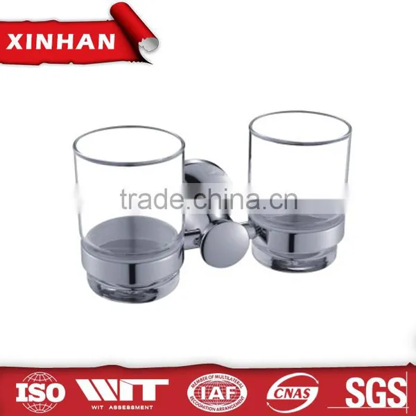 Clear Glass Double Cups Wall Fittings Sanitary Ware Zinc Alloy Cup Holder