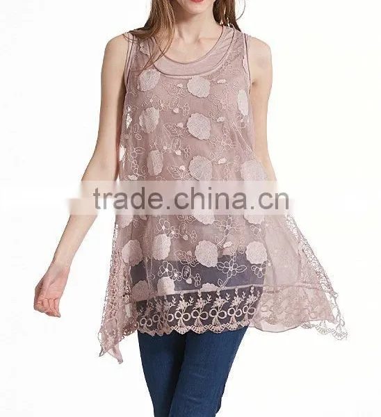 Pink Sheer Floral Lace Layered Sleeveless Tunic Shirts Office Wear for Women photo-2