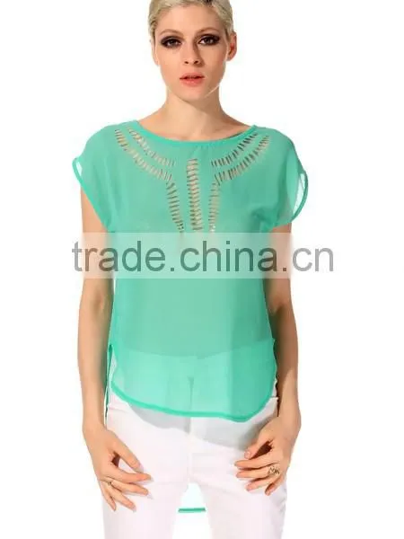 2015 Stylish Lady Women's Casual Front Hollow Out O-neck Batwing Sleeve Chiffon Blouse EU000031 photo-2