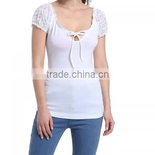 2017 Summer Cotton Hollow Patchwork Women Short Sleeve Blouses photo-2