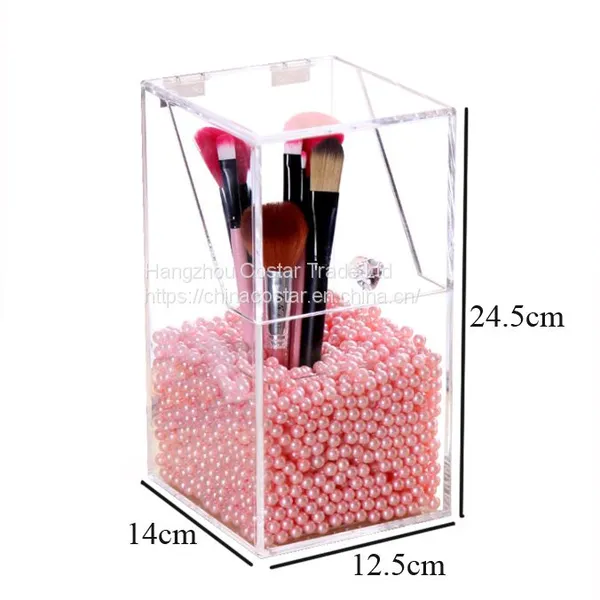 Covered Makeup Brush Holder With Dustproof Lid, Pearls Beads, Large Capacity Acrylic Clear Cosmetic Brush Storage Organizer for Vanity photo-5