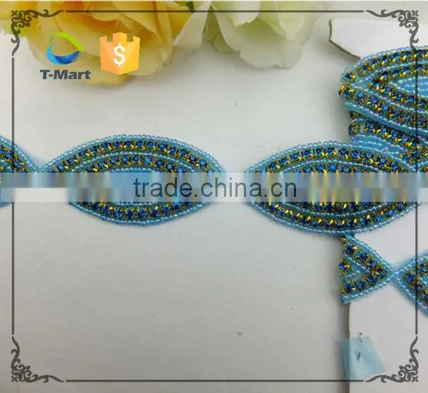 Blue Beaded Rhinestone Crystal Bridal Ribbon Belt Craft Applique photo-2