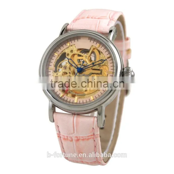 SA8139 IP Rose Gold Vintage Leather Strap Skeleton Auto Watch photo-3