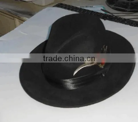 Mens Hat 100% Wool Wide Round Brim Fedora Cap Satin Feather Band Black photo-2