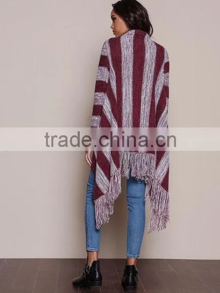 MGOO OEM Custom Burgundy Fringe Cardigan Mohair Striped Outwear Koreas Style Tassels Asymmetric Sweaters photo-5