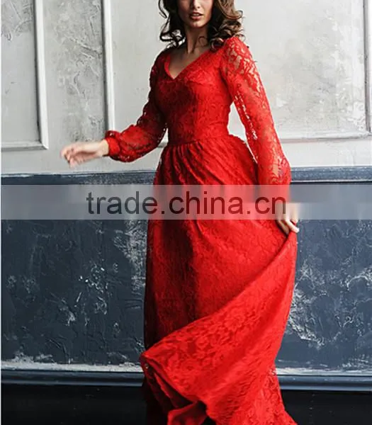 Red Long Sleeve Maxi Dress A Line Mommy And Me Lace Women Baby Party Dress photo-3