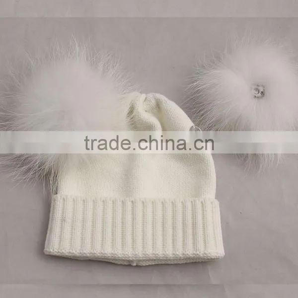Myfur Baby Knitted Hat With Removable Double Raccoon Fur Pom Poms Wholesale