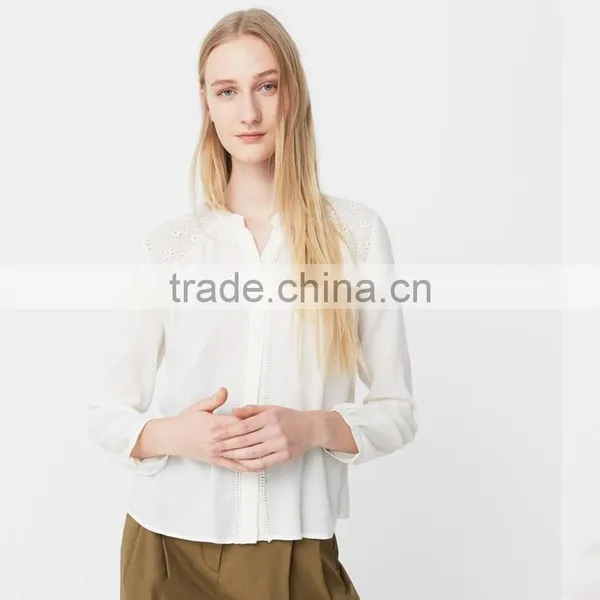 HOT SALE Nice Long Sleeve With Buttoned Cuff,women Openwork Trims Blouse photo-3