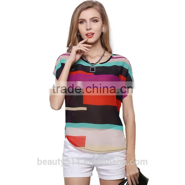 Chromatic Stripe Batwing Coat Rainbow T-shirt Irregular Rainbow Striped Chiffon SD93 photo-3