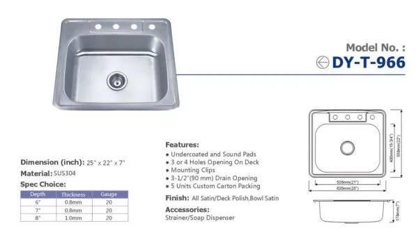 2522 Topmount Single Bowl Stainless Steel Kitchen Sink (966) photo-2