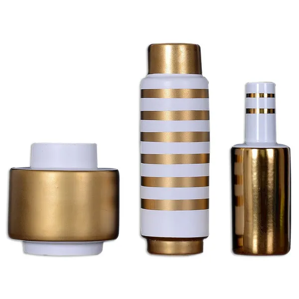 European Electroplate Gold Stripe White Jingdezhen Ceramic Vase For Showroom Decor photo-5