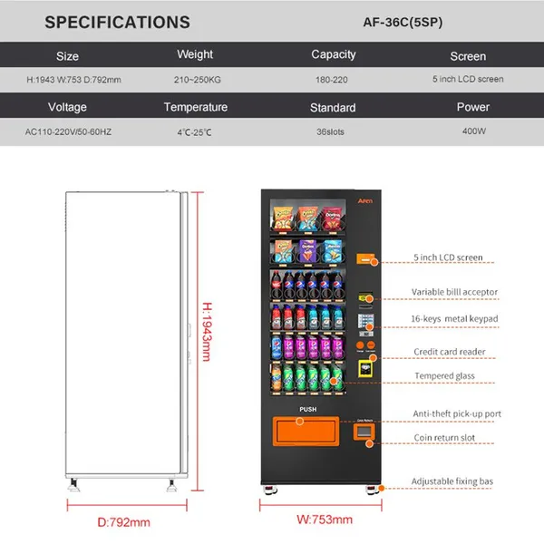 AFEN US Local Stock 24 Hours Fully Automatic AI Smart Refrigerated 510L Snack Cooler Drinks Beverage Vending Machine Credit Card photo-3