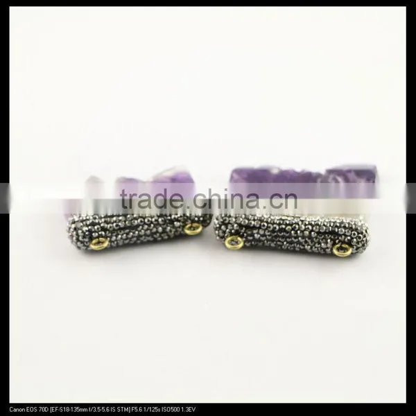 LFD-0086P ~ Wholesale Natural Amethyst Druzy Slice Double Bail Pendant Crystal Rhinestone Paved Cap Pendants photo-3