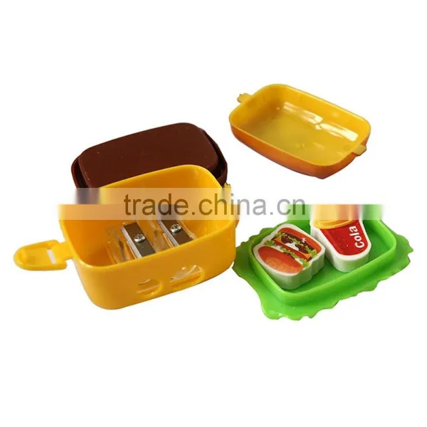 Hot Sale Two Hole Creative Cute Fashion Hamburger Shaped Plastic Pencil Sharpener With 2 Erasers Novelty Children Study Tools photo-3