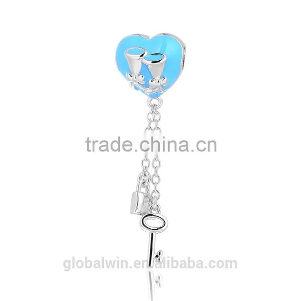 Hot Sale Blue Enamel Solid S925 Heart Silver Plated Bell Couple Bracelet Key Lock Personal Long Chains SlideCharms Pendants photo-2