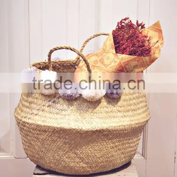 Decorative Seagrass Storage Baskets, Belly Seagrass Basket With Pompoms photo-5