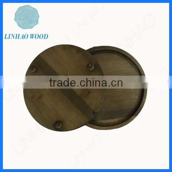 Round Burnt Color Pine Wood Tray photo-3
