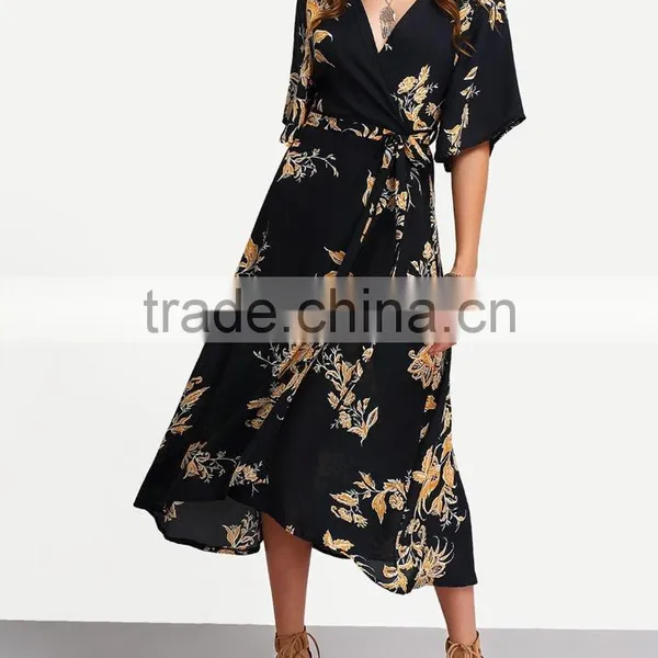 Women Clothing Dress OEM V Neck Half Sleeve Chiffon Customized Print Dresses