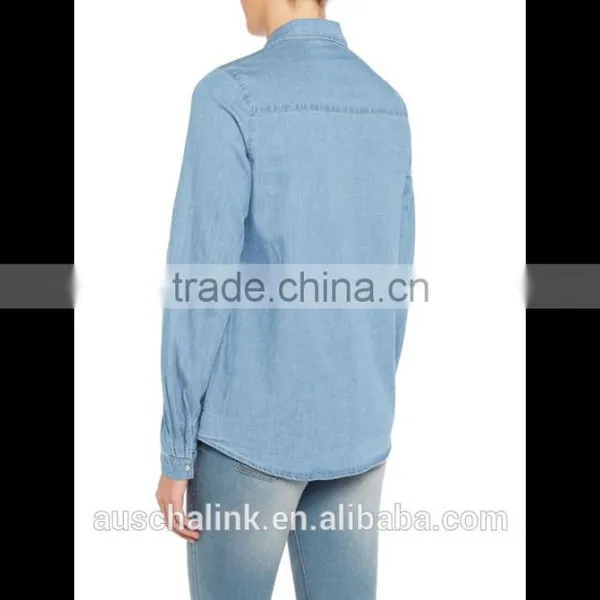 2016 New Arrival Ladies Long Sleeve Blue Denim Shirt OEM Service photo-2