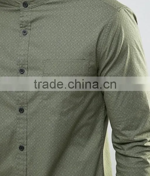 Long Sleeve Chest Pocket Grandad Collar Mens Pre-Shrunk 97% Cotton 3% Elastane Breathable Skinny Fit Casual Green Point Shirts photo-3