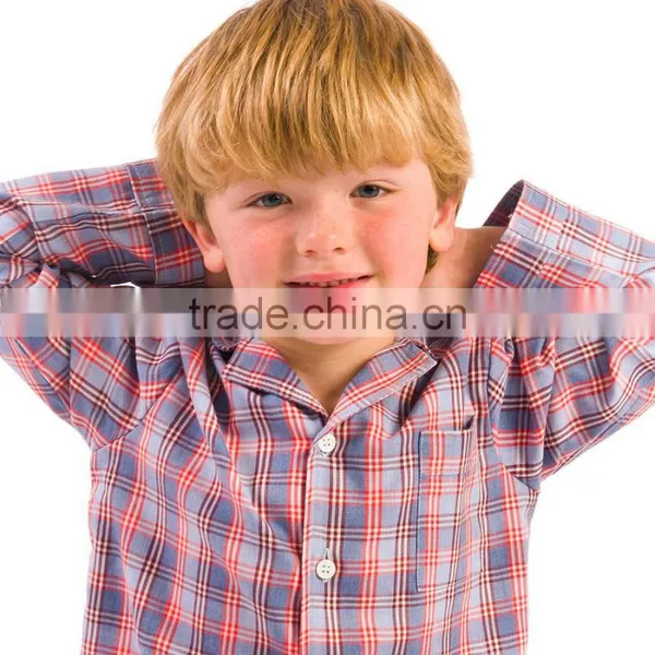 OEM Factory 2015 Long Sleeve Organic Kids Pajamas, Boys Botton Plaid 2 Pieces Children 100% Cotton Pyjamas photo-3