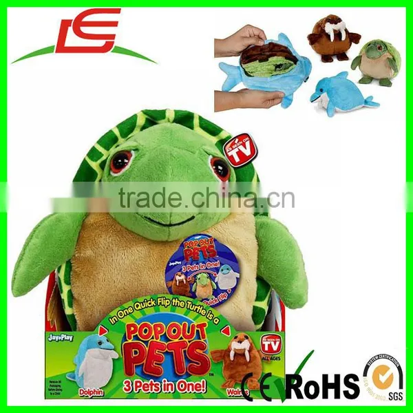 3 in One Quick Flip Reversible Plush Toy Turtle Dolphin Walrus Pop Out Pets Ocean