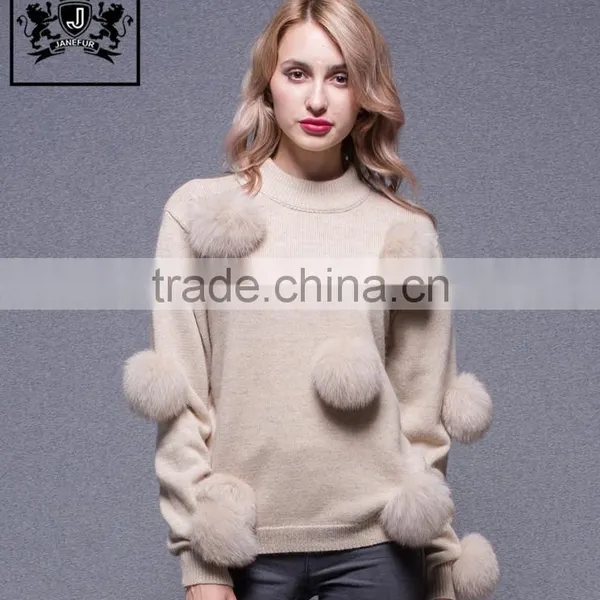 High Quality Fox Fur Pom Pom Decorated Woollen Sweater for Ladies
