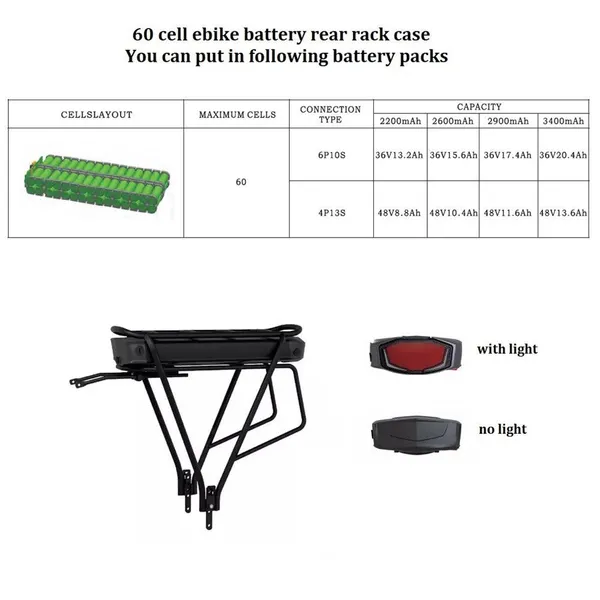 36V 15.6Ah / 48V 13Ah 500w 18650 Ebike Battery Li-Ion Pack for Electric Bike Rear Rack photo-3