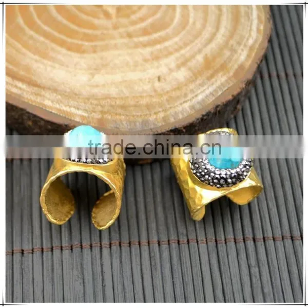 LFD-001R ~ Gold Plated Druzy Faceted Turquoise Stone Pave Rhinestone Crystal Rings For Women Jewelry Finding photo-4