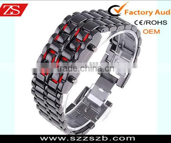 Silver Digital Wrist Watch Metal Red LED Metal Samurai Mens