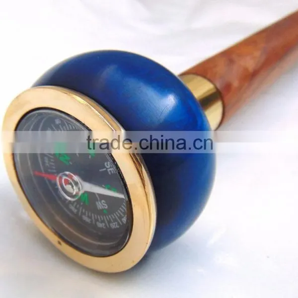 Antique Nautical Brass Walking Stick/Blue Color Compass Handle Walking Stick/ Brown Wood Walking Stick Wk1115 photo-2