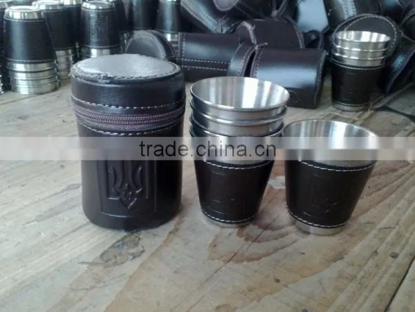 Stainless Steel Cup With Leather Wrapped and Logo 4pcs in Leather Bag photo-3