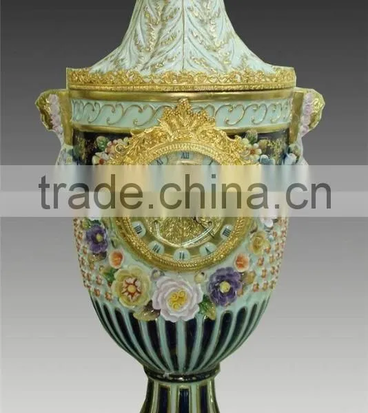 Exquisite Flower and Bird Design Ceramic and Brass Table Clock, Elegant Embedded Urn Jar Table Clock photo-2