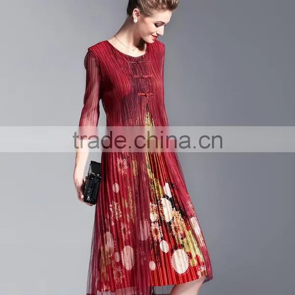 Grace Flower Printed False Two Pieces Draped Retro Vintage Dress for Lady photo-2