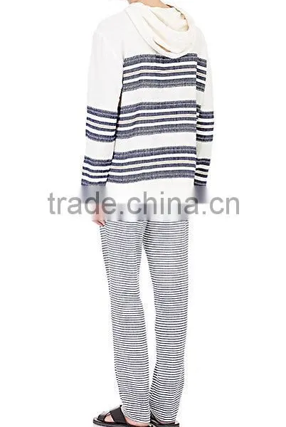 V-neck Side On-seam Pockets Pullover Navy and Orange Mixed-stripe Cotton-blend Hoodies photo-3