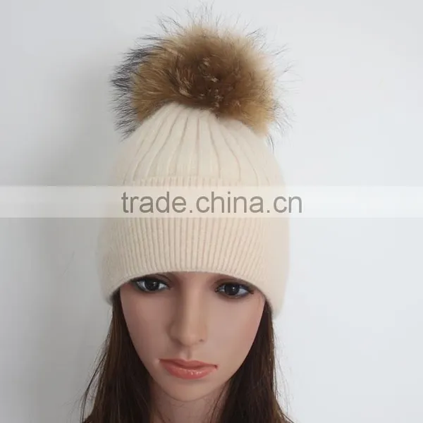 Myfur Wholesale Classic Beige Angola Rabbit Custom Knitted Pom Beanie Hat With Fur Pom photo-2
